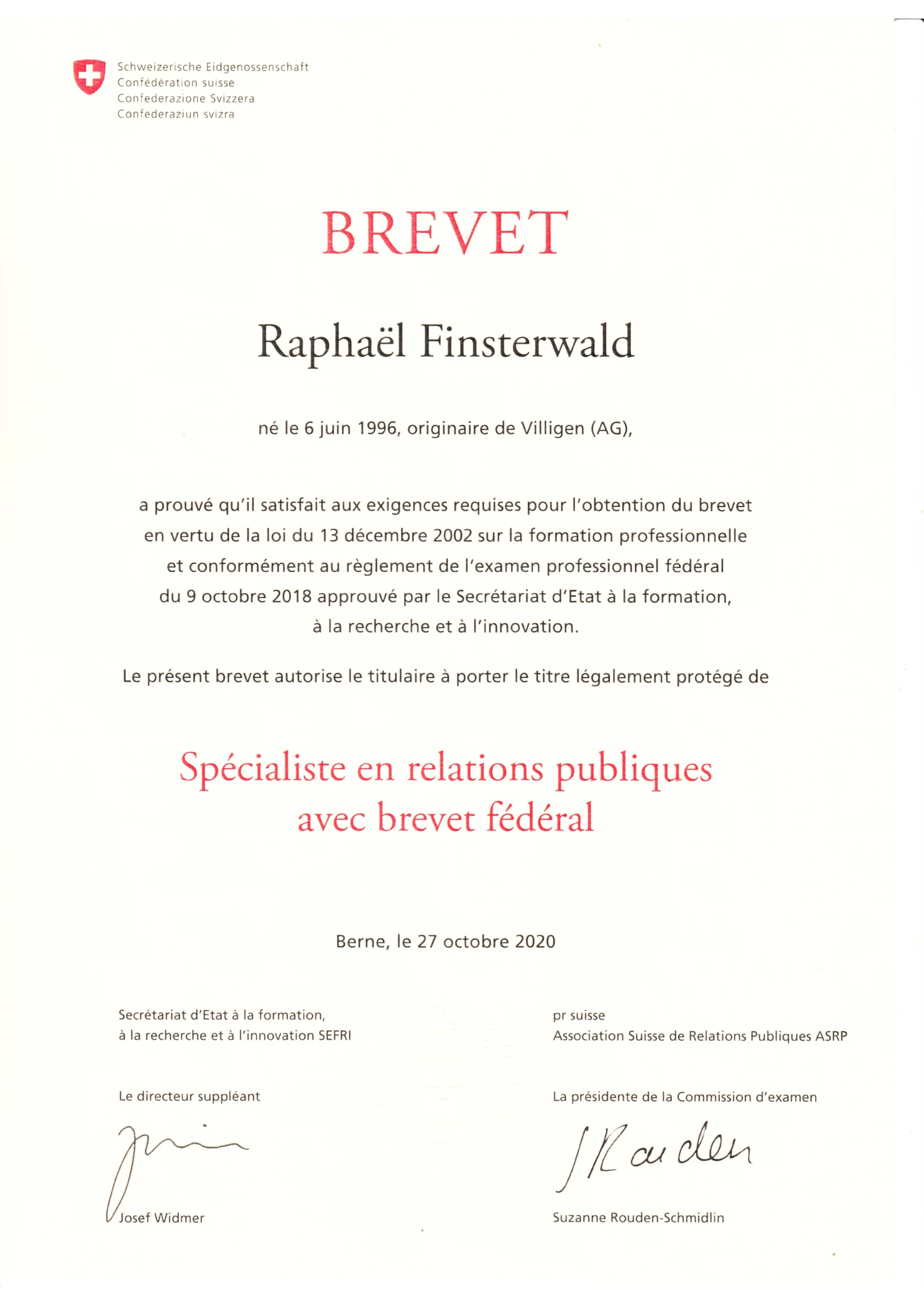 Spécialiste en relations publiques avec brevet fédéral - Raphaël Finsterwald